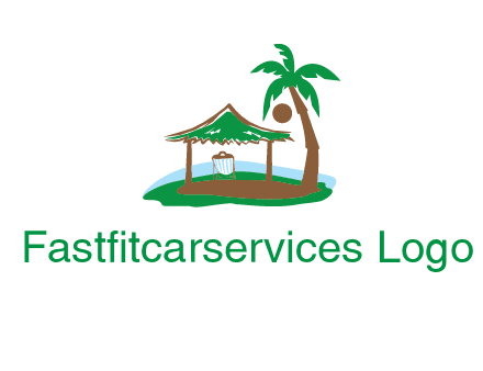 lounger under tent and palm tree on island travel logo icon