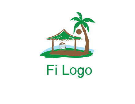 lounger under tent and palm tree on island travel logo icon