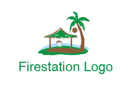 lounger under tent and palm tree on island travel logo icon