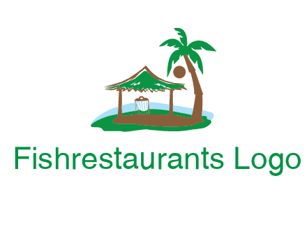 lounger under tent and palm tree on island travel logo icon