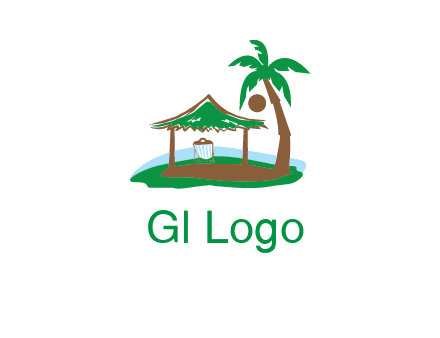 lounger under tent and palm tree on island travel logo icon