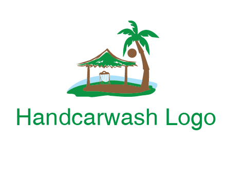 lounger under tent and palm tree on island travel logo icon