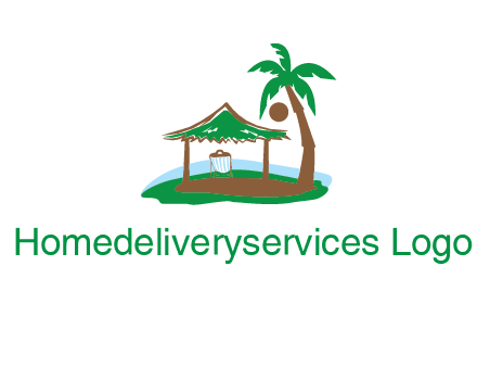 lounger under tent and palm tree on island travel logo icon