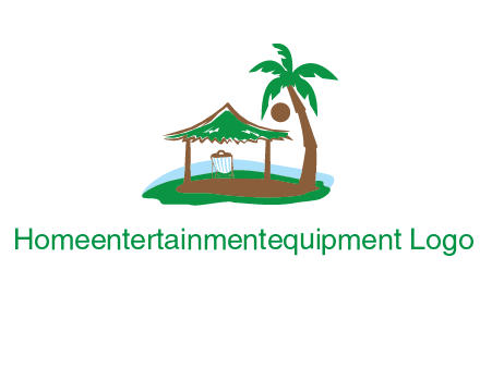 lounger under tent and palm tree on island travel logo icon