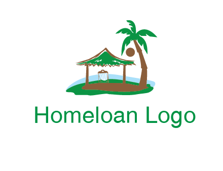 lounger under tent and palm tree on island travel logo icon