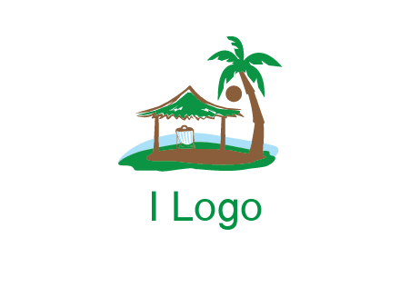 lounger under tent and palm tree on island travel logo icon