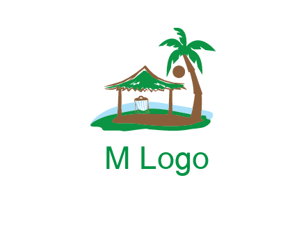 lounger under tent and palm tree on island travel logo icon