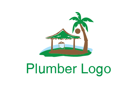 lounger under tent and palm tree on island travel logo icon