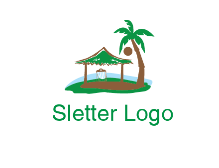 lounger under tent and palm tree on island travel logo icon