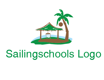 lounger under tent and palm tree on island travel logo icon