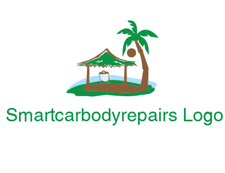 lounger under tent and palm tree on island travel logo icon