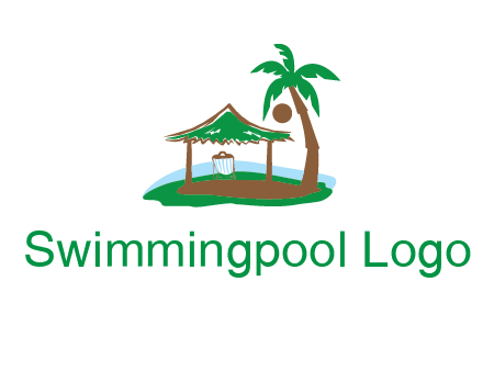 lounger under tent and palm tree on island travel logo icon