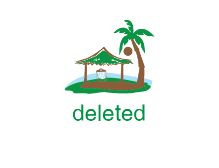 lounger under tent and palm tree on island travel logo icon