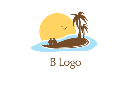 sun behind couple on island and palm trees travel logo