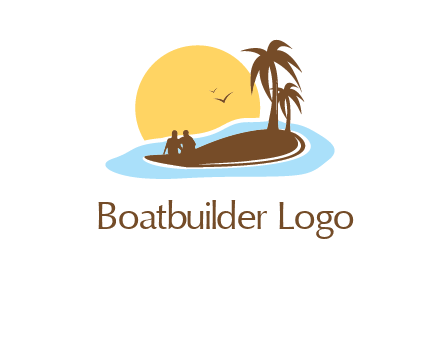 sun behind couple on island and palm trees travel logo