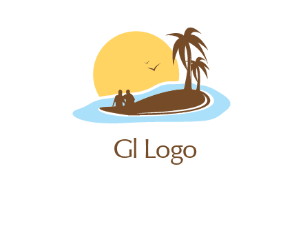 sun behind couple on island and palm trees travel logo