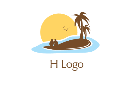 sun behind couple on island and palm trees travel logo