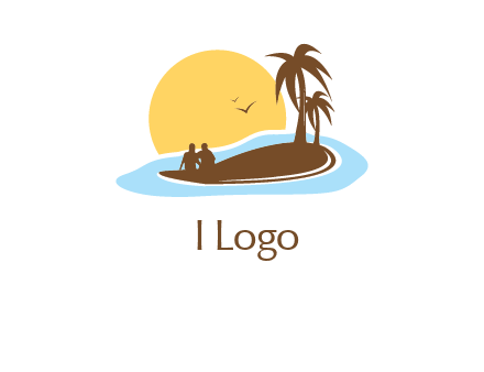 sun behind couple on island and palm trees travel logo