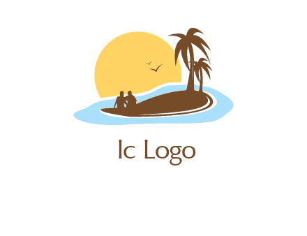 sun behind couple on island and palm trees travel logo