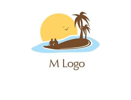 sun behind couple on island and palm trees travel logo