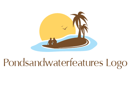 sun behind couple on island and palm trees travel logo