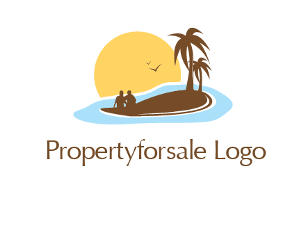 sun behind couple on island and palm trees travel logo