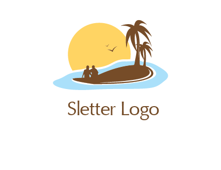 sun behind couple on island and palm trees travel logo