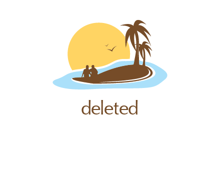 sun behind couple on island and palm trees travel logo