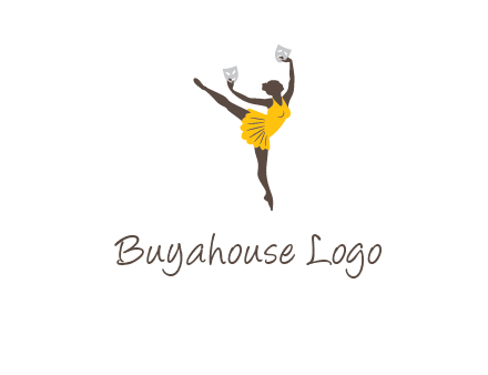 ballet dancer dancing on the floor with mask in hands logo