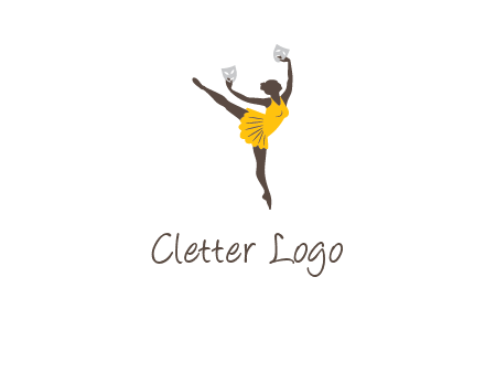 ballet dancer dancing on the floor with mask in hands logo