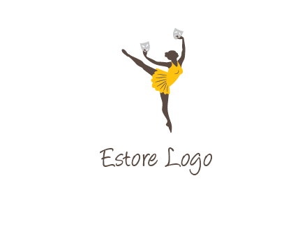 ballet dancer dancing on the floor with mask in hands logo