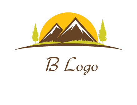 mountains with trees and sun travel logo