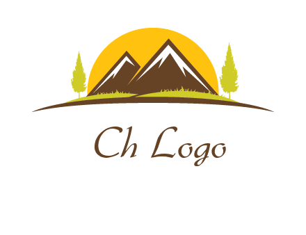 mountains with trees and sun travel logo