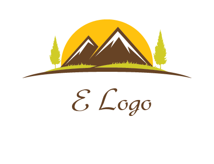 mountains with trees and sun travel logo