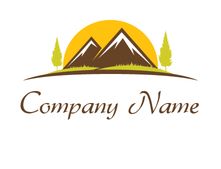 mountains with trees and sun travel logo