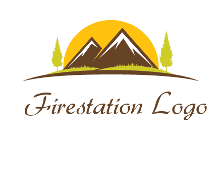 mountains with trees and sun travel logo