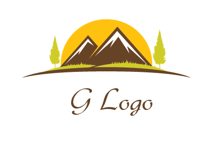 mountains with trees and sun travel logo