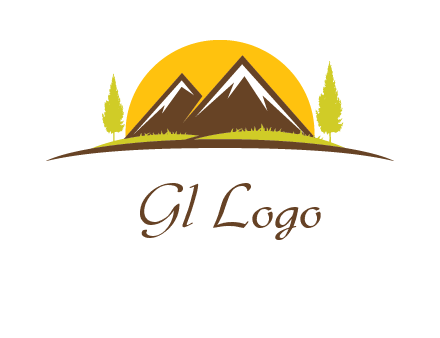 mountains with trees and sun travel logo