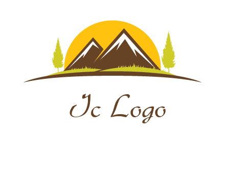 mountains with trees and sun travel logo