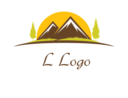 mountains with trees and sun travel logo