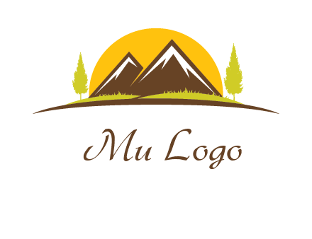 mountains with trees and sun travel logo