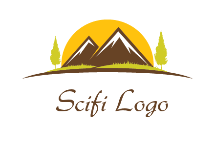 mountains with trees and sun travel logo