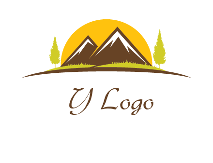 mountains with trees and sun travel logo