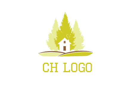 pine trees and house on hill logo