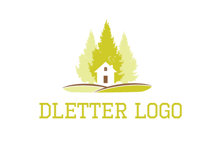 pine trees and house on hill logo