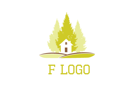 pine trees and house on hill logo