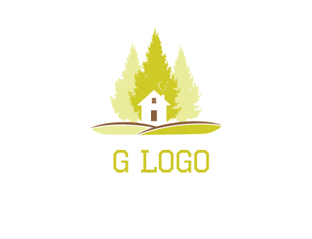 pine trees and house on hill logo