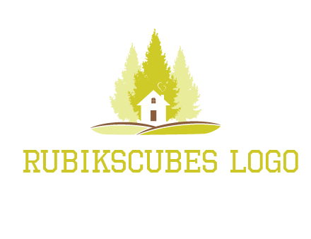 pine trees and house on hill logo