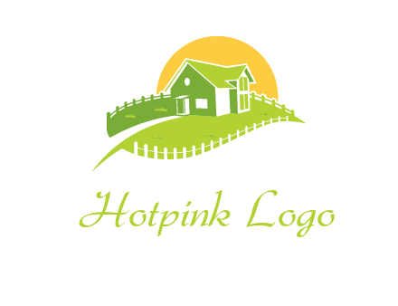 picket fence and sun behind farmhouse logo