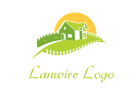 picket fence and sun behind farmhouse logo